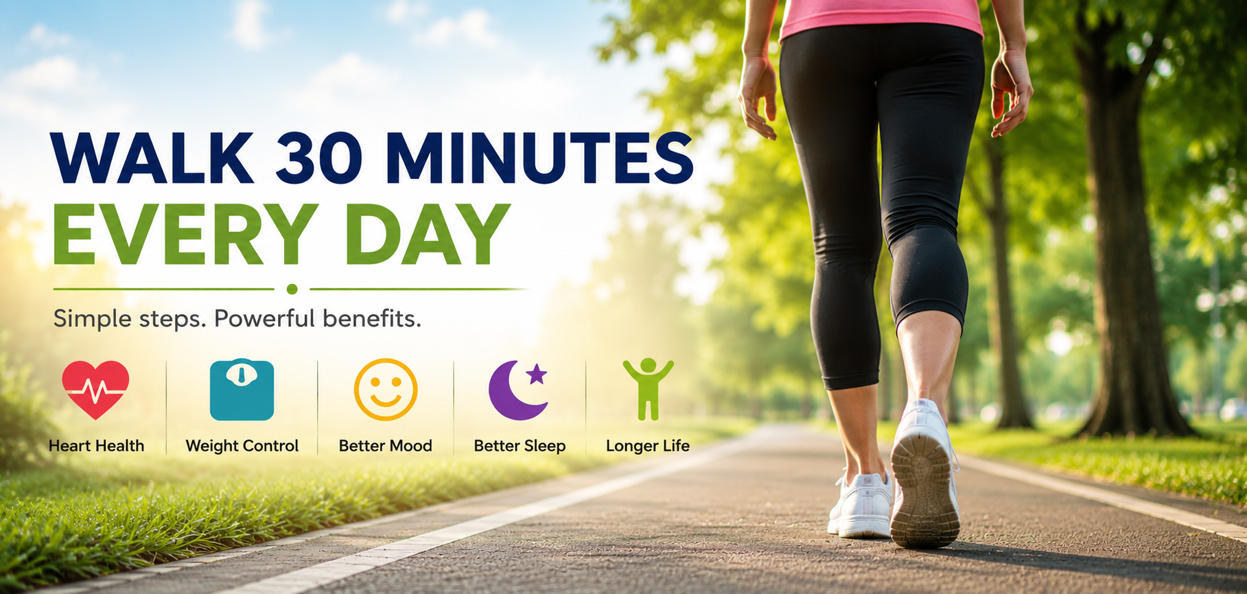 Person walking in a park showing the health benefits of walking 30 minutes a day